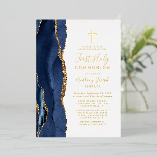 ネイビエレガントーブルー金ゴールドアゲート第1聖餐式 箔招待状 (立ち正面)