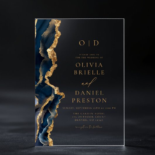 ネイビエレガントーブルー金ゴールドア結婚ガテズモノグラム アクリル招待状