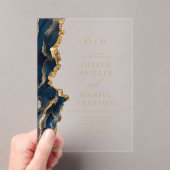 ネイビエレガントーブルー金ゴールドア結婚ガテズモノグラム アクリル招待状 (インサイチュ (ポータブル))