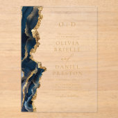 ネイビエレガントーブルー金ゴールドア結婚ガテズモノグラム アクリル招待状 (正面)