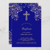 ネイビエレガントーブルー金ゴールドクロスバプテスマ招待状 招待状 (正面/裏面)