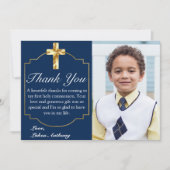 ネイビエレガントーブルー金ゴールドクロス第1聖餐式 サンキューカード (正面)