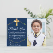 ネイビエレガントーブルー金ゴールドクロス第1聖餐式 サンキューカード (スタンド正面)