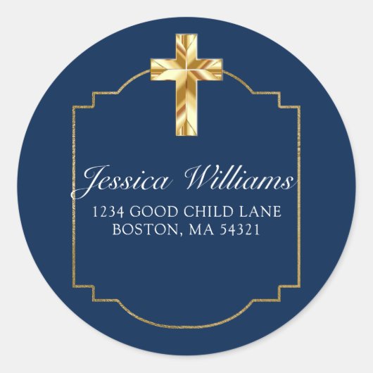 ネイビエレガントーブルー金ゴールドクロス第1聖餐式 ラウンドシール (正面)