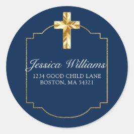 ネイビエレガントーブルー金ゴールドクロス第1聖餐式 ラウンドシール