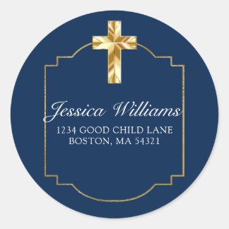 ネイビエレガントーブルー金ゴールドクロス第1聖餐式 ラウンドシール