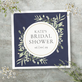 ネイビエレガントーブルー金ゴールドグリーナリーブライダルシャワー スタンダードカクテルナプキン