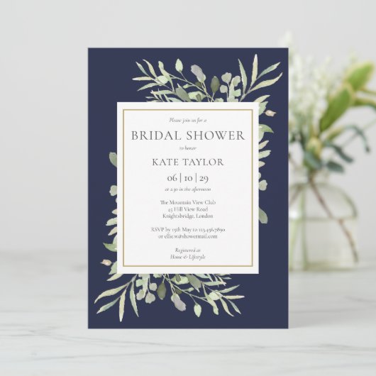 ネイビエレガントーブルー金ゴールドグリーナリーブライダルシャワー 招待状 (スタンド正面)