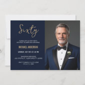 ネイビエレガントーブルー金ゴールドゲート60誕生日写真 招待状 (正面)