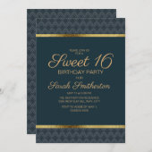 ネイビエレガントーブルー金ゴールドスウィート16バースデーパーティー 招待状 (正面/裏面)