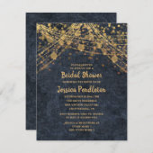 ネイビエレガントーブルー金ゴールドストリングライトブライダルシャワー 招待状 (正面/裏面)