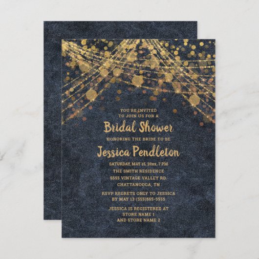 ネイビエレガントーブルー金ゴールドストリングライトブライダルシャワー 招待状 (正面/裏面)