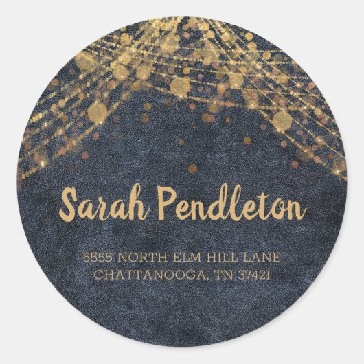 ネイビエレガントーブルー金ゴールドストリングLIGHTS《写真》ぼけ味アドレス ラウンドシール (正面)