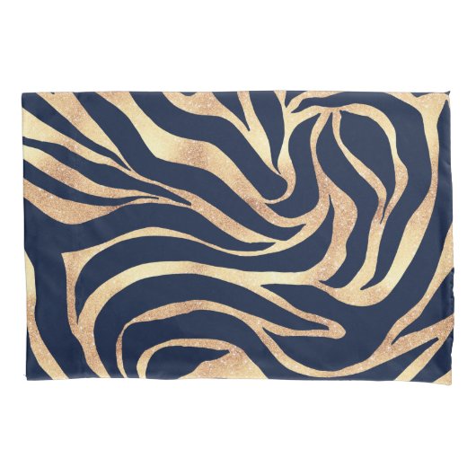 ネイビエレガントーブルー金ゴールドゼブラプリント 枕カバー (正面左)