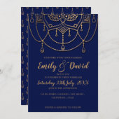 ネイビエレガントーブルー金ゴールドデザインパタ結婚ーン 招待状 (正面/裏面)