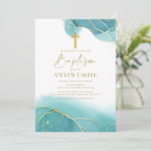 ネイビエレガントーブルー金ゴールドバプテスマ招待状 招待状 (スタンド正面)