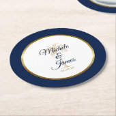 ネイビエレガントーブルー金ゴールドパームツリートロピカル結婚ズ ラウンドペーパーコースター (アングル)