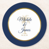 ネイビエレガントーブルー金ゴールドパームツリートロピカル結婚ズ ラウンドペーパーコースター (正面)