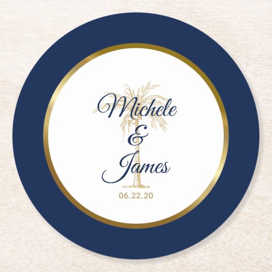 ネイビエレガントーブルー金ゴールドパームツリートロピカル結婚ズ ラウンドペーパーコースター (正面)