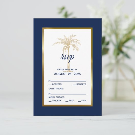 ネイビエレガントーブルー金ゴールドパームツリービーチ結婚式 出欠カード (スタンド正面)