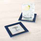 ネイビエレガントーブルー金ゴールドパームモダンツ結婚 ガラスコースター (アングル)