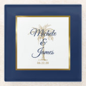 ネイビエレガントーブルー金ゴールドパームモダンツ結婚 ガラスコースター (正面)