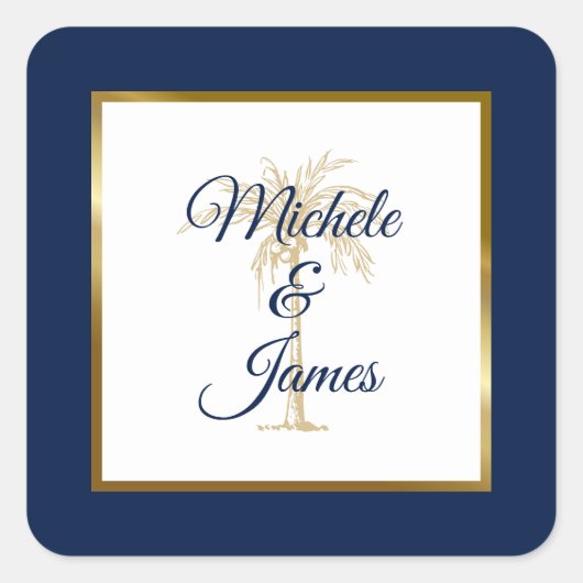 ネイビエレガントーブルー金ゴールドパームモダンツ結婚 スクエアシール (正面)
