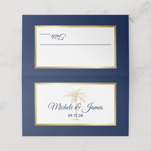 ネイビエレガントーブルー金ゴールドパームモダンツ結婚 プレイスカード (外部開封)
