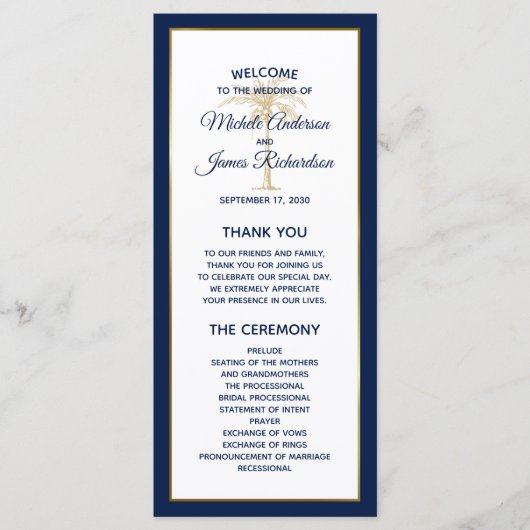 ネイビエレガントーブルー金ゴールドパームモダンツ結婚 プログラム (正面)