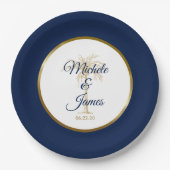 ネイビエレガントーブルー金ゴールドパームモダンツ結婚 ペーパープレート (正面)