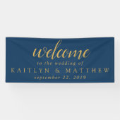 ネイビエレガントーブルー金ゴールドフレーム結婚式パーティバナー 横断幕 (横)