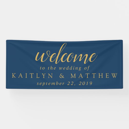 ネイビエレガントーブルー金ゴールドフレーム結婚式パーティバナー 横断幕 (横)