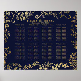 ネイビエレガントーブルー金ゴールドフローラシーティングチャート ポスター