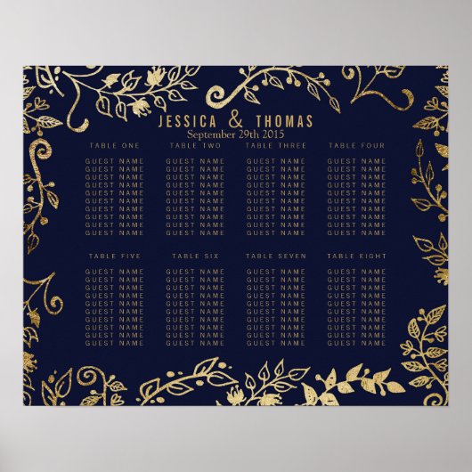 ネイビエレガントーブルー金ゴールドフローラシーティングチャート ポスター (正面)