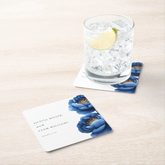 ネイビエレガントーブルー金ゴールドフローラ結婚ズ スクエアペーパーコースター (インサイチュ)