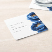 ネイビエレガントーブルー金ゴールドフローラ結婚ズ スクエアペーパーコースター (アングル)