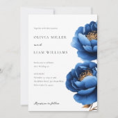 ネイビエレガントーブルー金ゴールドフローラ結婚ズ 招待状 (正面)