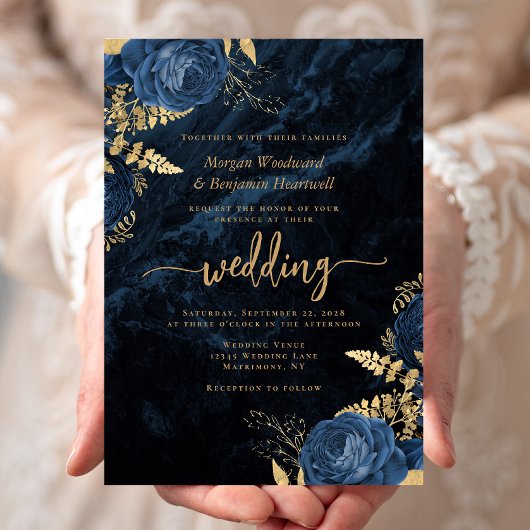 ネイビエレガントーブルー金ゴールドフローラ結婚ズ 招待状