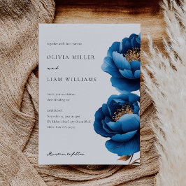 ネイビエレガントーブルー金ゴールドフローラ結婚ズ 招待状