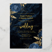 ネイビエレガントーブルー金ゴールドフローラ結婚ズ 箔招待状 (正面)