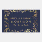 ネイビエレガントーブルー金ゴールドフローラ結婚ズ 長方形シール (正面)