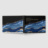 ネイビエレガントーブルー金ゴールドブラックマーブル結婚ズ ゲストブック (全面)