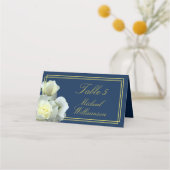 ネイビエレガントーブルー金ゴールドホワイトローズダブルフレーム プレイスカード (正面)