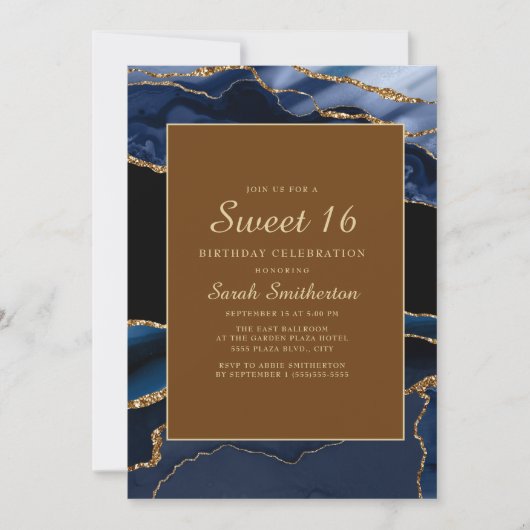 ネイビエレガントーブルー金ゴールドマーブルアゲートスウィート16 招待状 (正面)