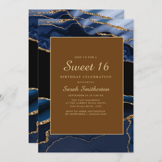 ネイビエレガントーブルー金ゴールドマーブルアゲートスウィート16 招待状 (正面/裏面)