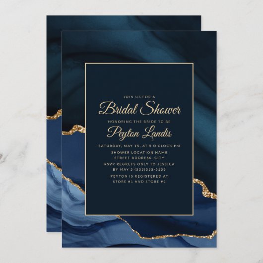 ネイビエレガントーブルー金ゴールドマーブルブライダルシャワー 招待状 (正面/裏面)