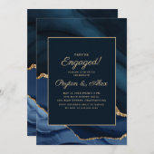 ネイビエレガントーブルー金ゴールドマーブル婚約パーティ 招待状 (正面/裏面)