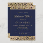 ネイビエレガントーブルー金ゴールドワイルドバラリハーサルディナー 招待状 (正面/裏面)