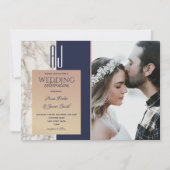 ネイビエレガントーブルー金ゴールド写真結婚の 招待状 (正面)