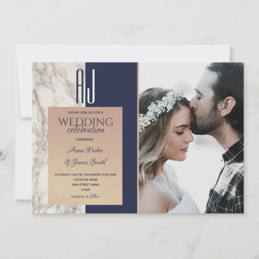 ネイビエレガントーブルー金ゴールド写真結婚の 招待状 (正面)